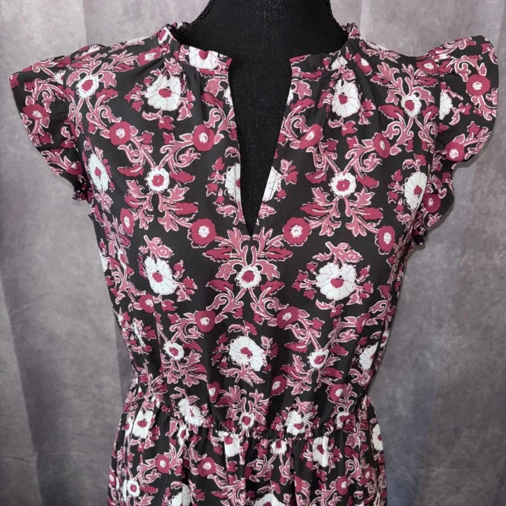 LOFT Women Small Black Purple Floral Ruffle Midi Dress Boho‎ Romantic